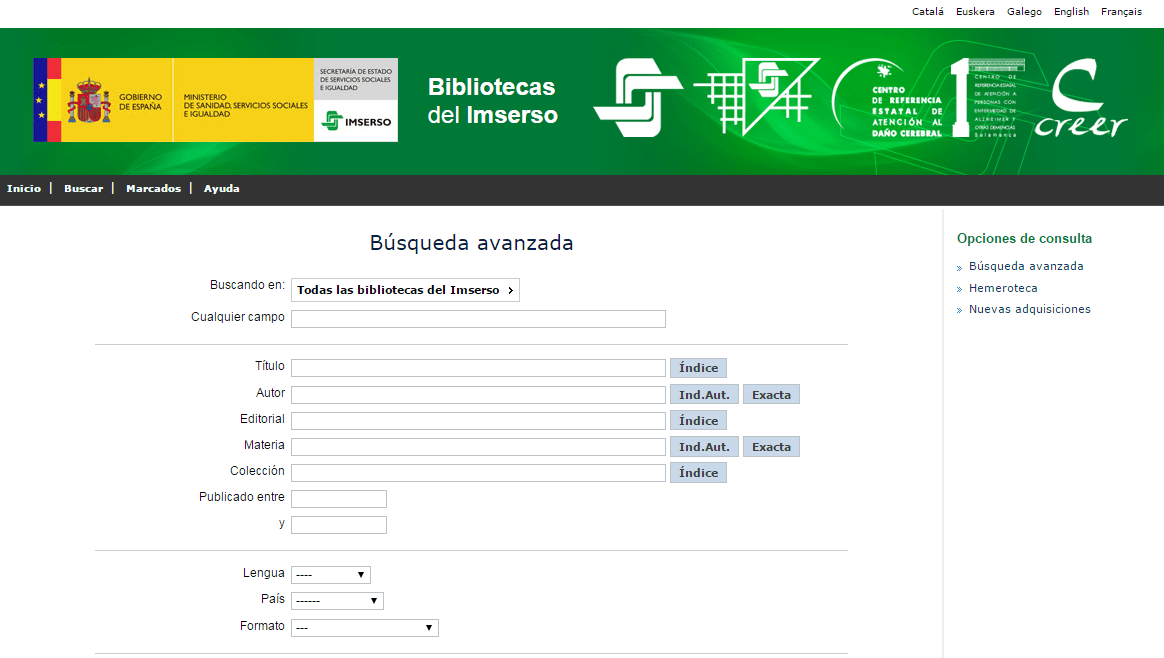 Búsqueda avanzada en el Catálogo de las Bibliotecas del Imserso