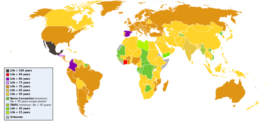 Mapa de las legislaciones nacionales a la fecha. Los países en marrón claro indica la más usual duración Vida del autor más 70 años después.