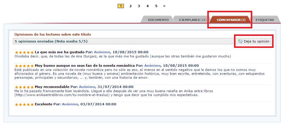 Pestaña comentarios y dejar valoración de título en la biblioteca