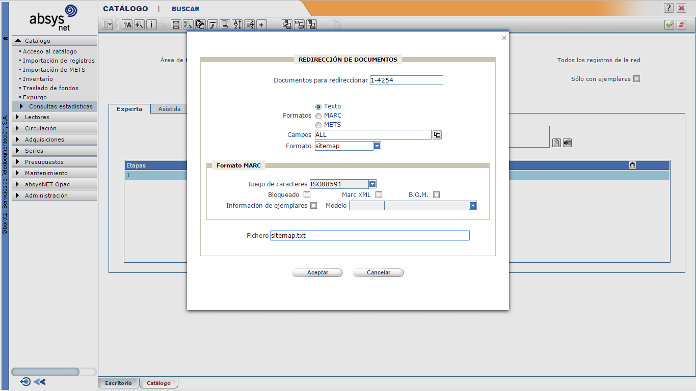 Redirección del contenido del catálogo AbsysNet  Sitemap