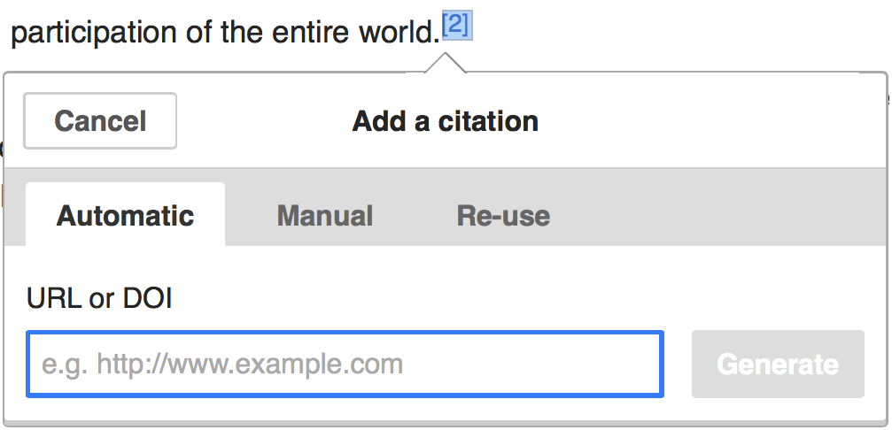 The citation popup in visual editor