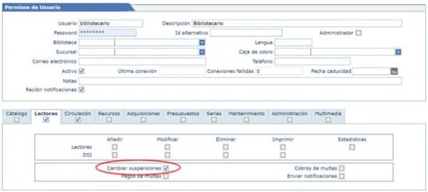 Cambiar suspensiones de prestamo bibliotecario en AbsysNet