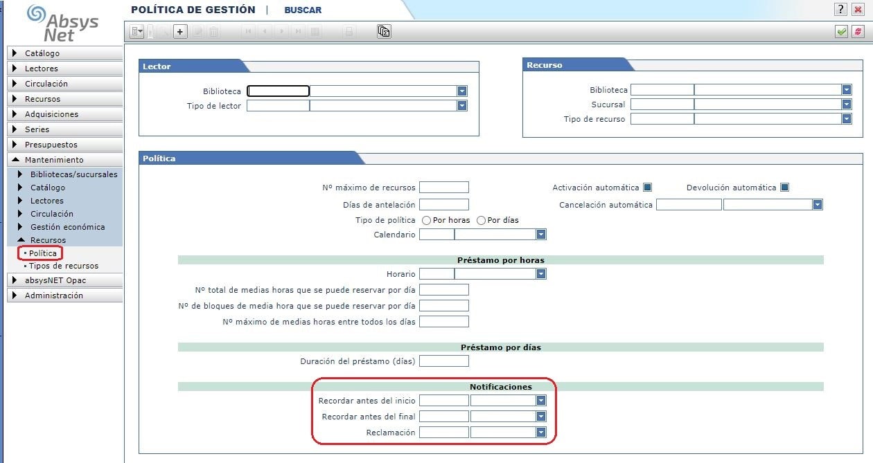 Política de recursos en AbsysNet