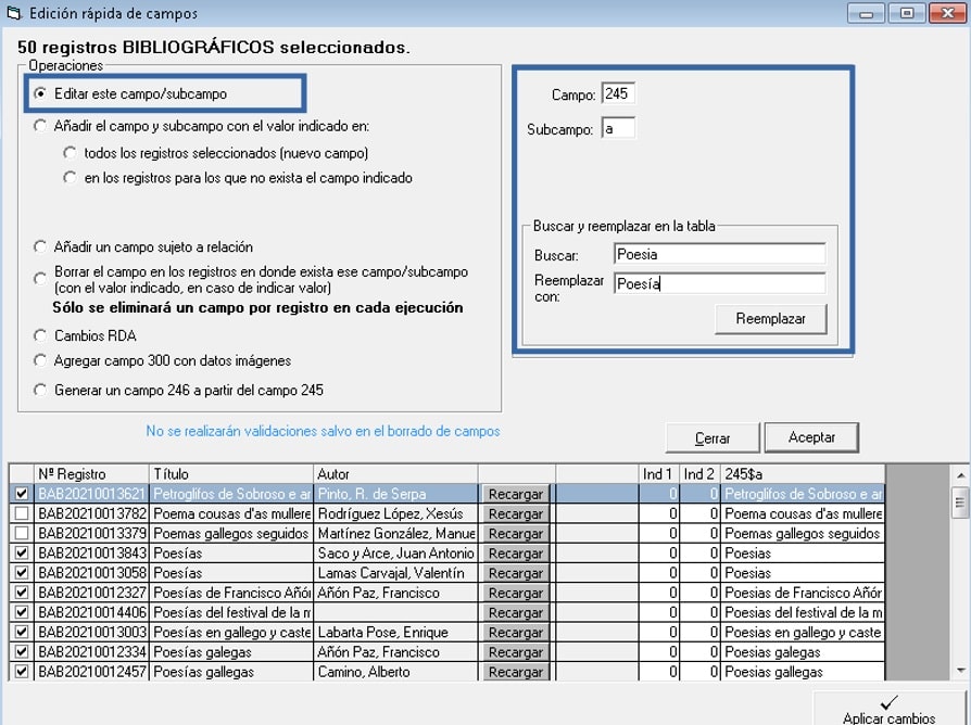 Edición rápida Digibib - Editar un campo subcampo