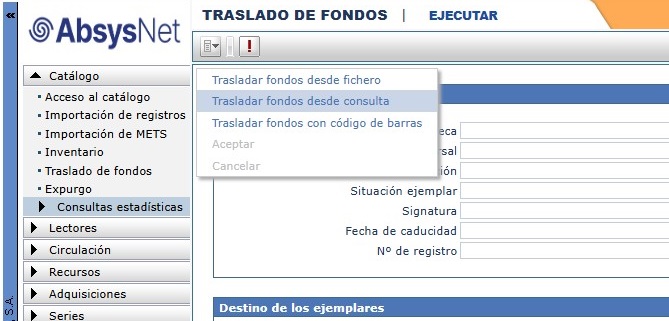 Menú Traslado de fondos en Absys