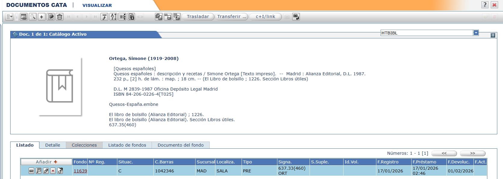 Transferir ejemplares en Absys desde el registro bibliográfico 3
