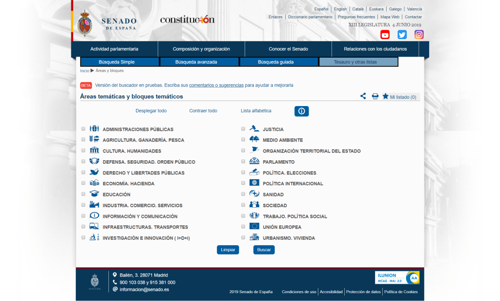 Áreas temáticas y Bloques temáticos del Senado