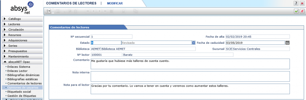 Notas para el lector en AbsysNet Opac