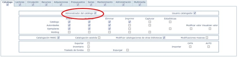 Permisos de usuarios del módulo Catálogo AbsysNet biblioteca