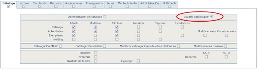 Permisos usuario catalogador AbsysNet biblioteca