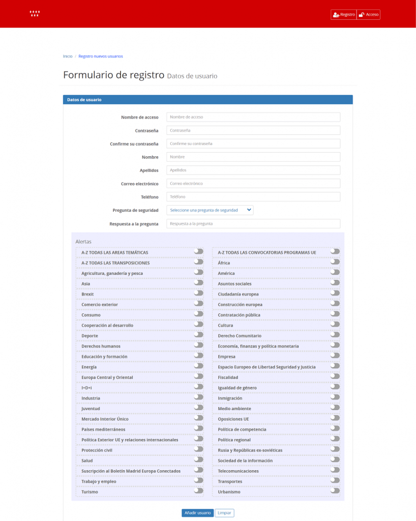 Registro en el servicio de alerta online del  Centro de Documentación Europea de la Comunidad de Madrid