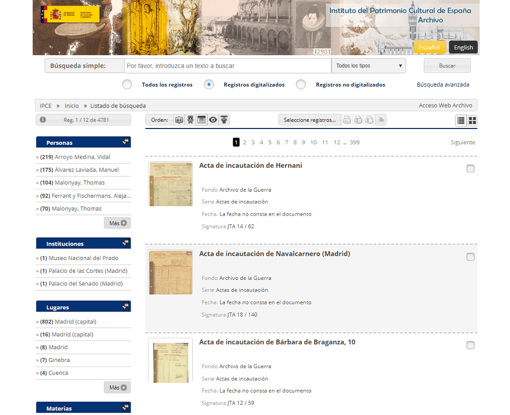 Resultados de búsqueda en el Archivo online del Instituto del Patrimonio Cultural de España