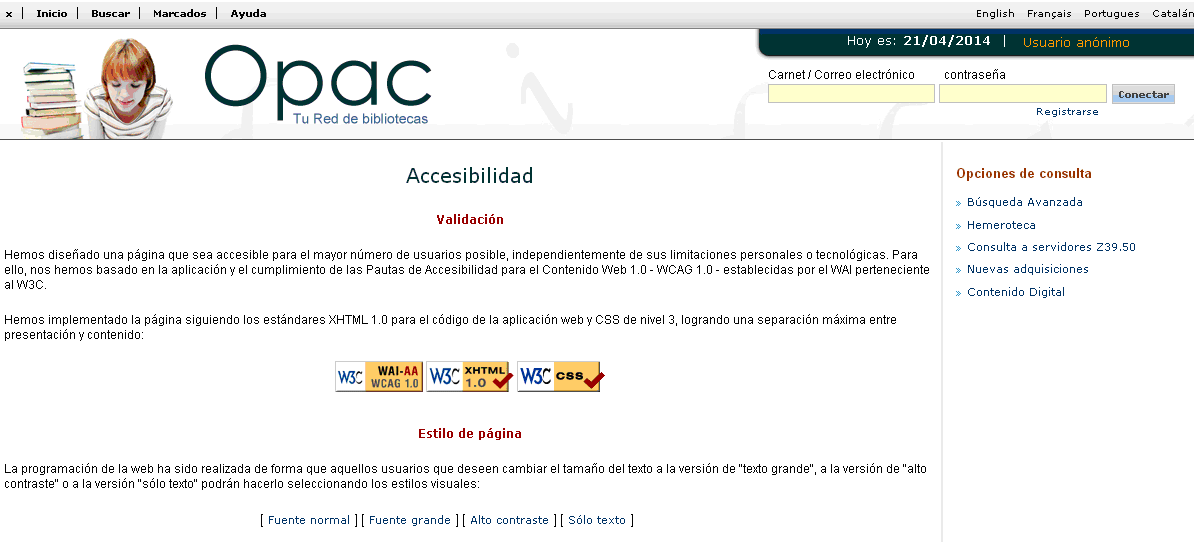 Imagen que describe la accesibilidad el opac de absysNet con CSS de nivel 3