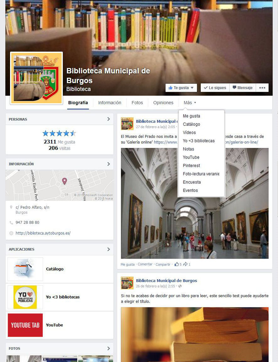 Página en Facebook de la Biblioteca Municipal de Burgos con la aplicación ‘Catálogo’